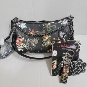 NEW! ED HARDY TATTOOS Icons Chain Charmed‎ SHOULDER BAG  & Bag Keychain Charm